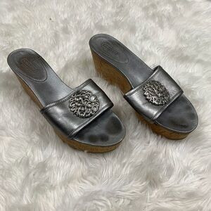 Coach Judith Silver Open Toe Wedge Sandals Size 10 Cork Heel